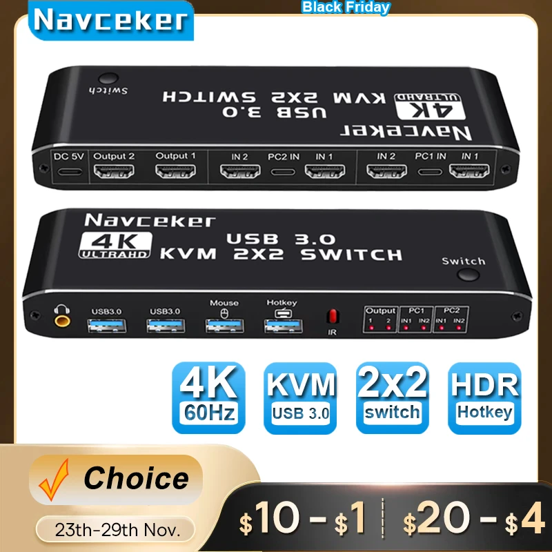 Navceker Switch Kvm Compatibile Hdmi 4K 60Hz 2 Porte Dual Monitor Usb 3.0 Kvm Switch 1080P Usb Kvm Switcher Hdmi Con Porta Usb 3.0