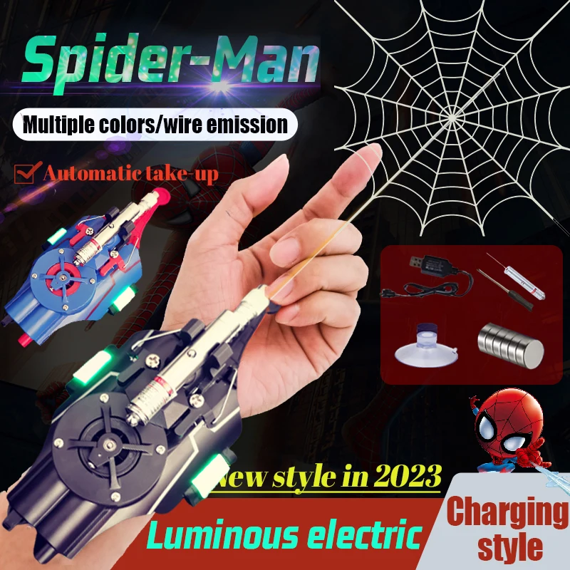 2023 Completamente Automatico Marvel Superhero Spider-Man Spider Silk Spray Puntelli Cosplay Led Laser Mirando Al Regalo Giocattolo Novità Per Bambini
