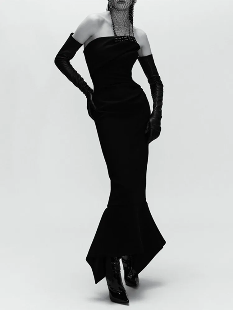 Top Quality Runway Fashion Women Black Prom Gowns Summer Cotton Senza Spalline Mermaid Long Celebrity Evening Party Formal Dress