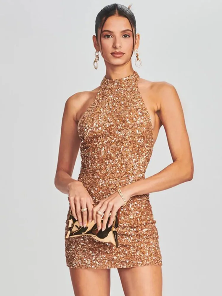 2023 Hotwife Summer Dress Sexy Halter Backless Bodycon Mini Short Paillettes Glitter Sparky Dresses Evening Club Party Celebrity
