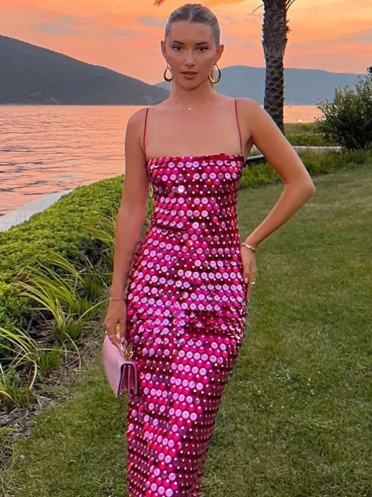 High End Dsigner Fashion Spaghetti Strap Slash Neck Slim Maxi Long Paillettes Sparky Dress Celebrity Evening Party Birthday Gowns