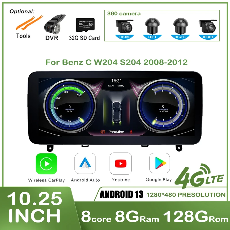 10.25 ''Auto Android 13 Per Benz C W204 S204 2008-2012 Autoradio Bluetooth Multimedia Player Stereo Apple Carplay Smart System
