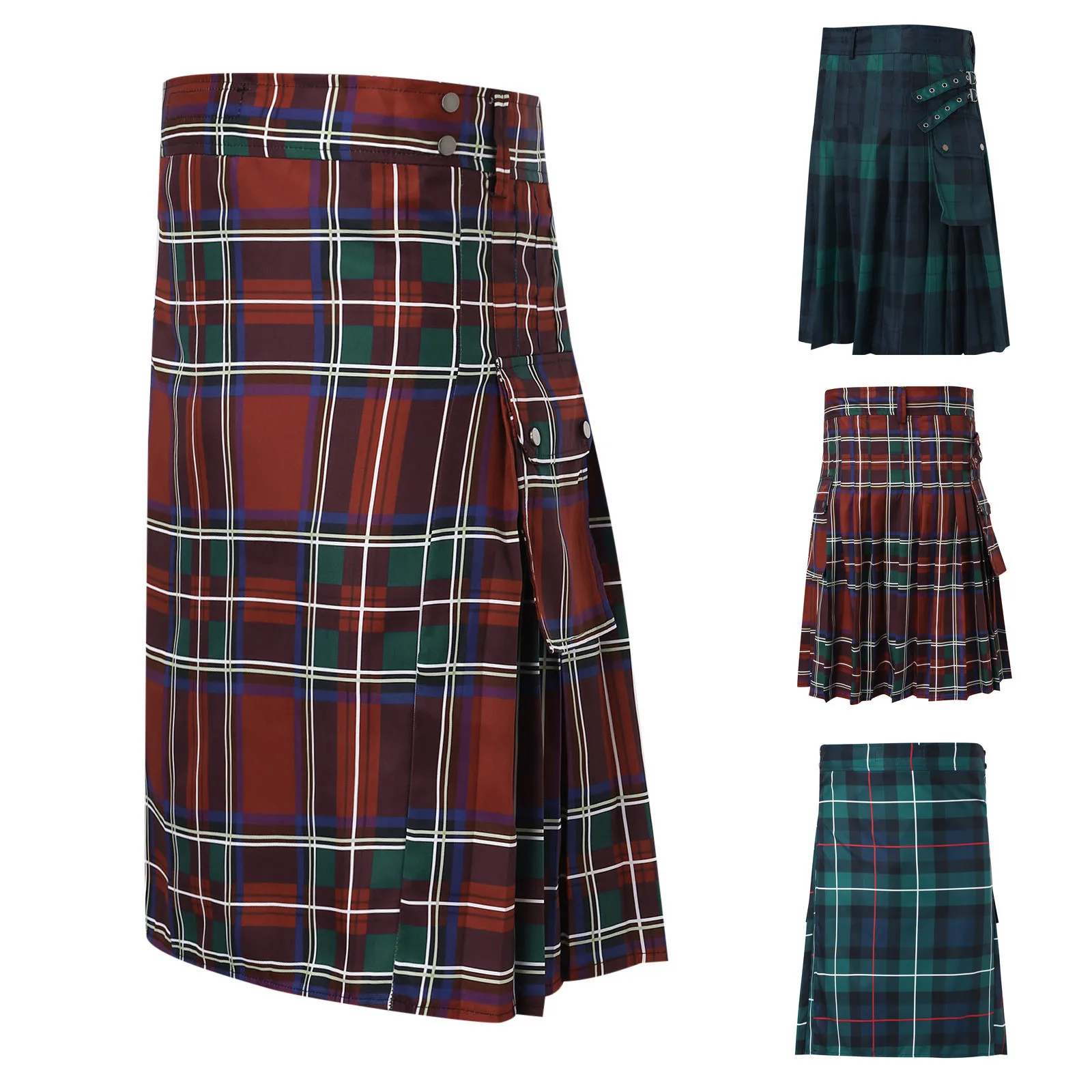 Mens Scozzese Tradizionale Highland Tartan Kilt Lunghezza Al Ginocchio Tartan Utility Gonna Costumi Cosplay