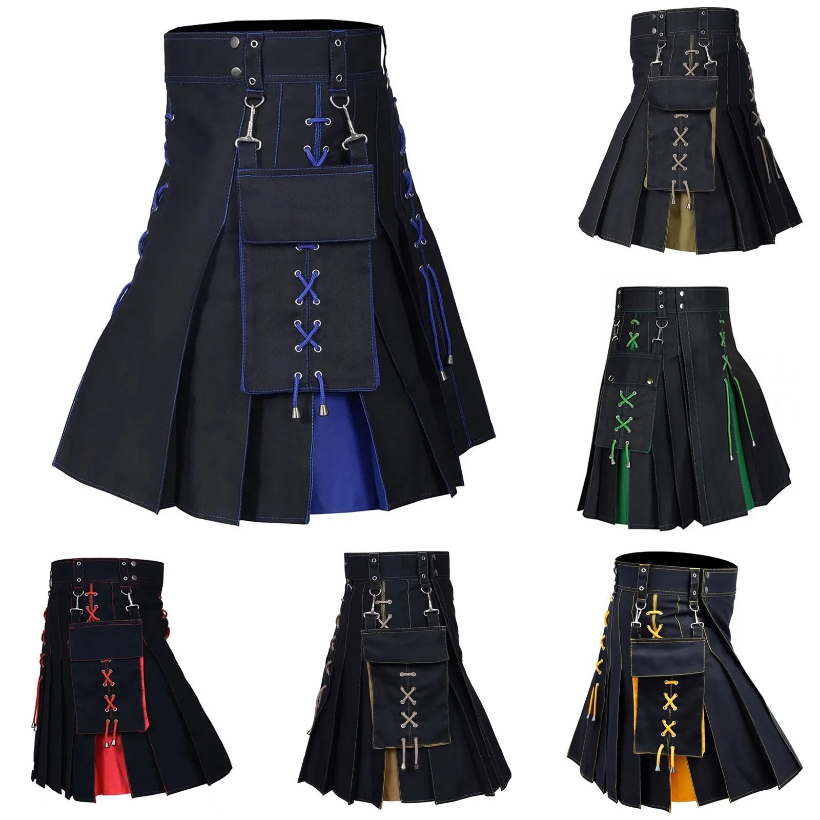 Design Sense Men Scottish Kilt Cosplay Abito Da Festa Scozzese Multi Colore Short Sashes Pocket Gonna A Pieghe Tradizionale Medievale