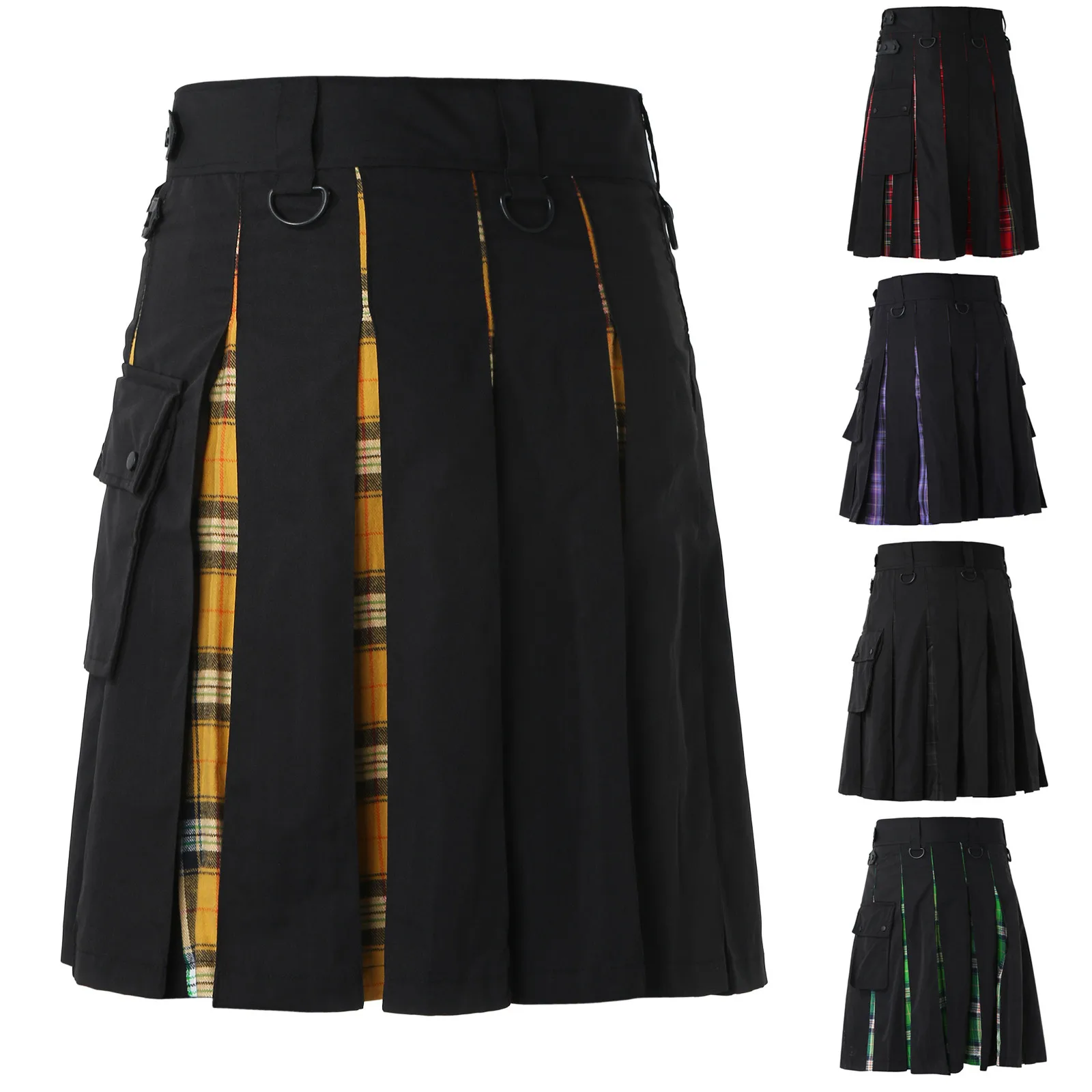 Kilts-Kilt Da Uomo Plus Size Scozzese Hybrid Black Cotton Tartan Utility Kilt Con Spalline In Pelle Kilt Uomo Retro Casual Shorts Gonna