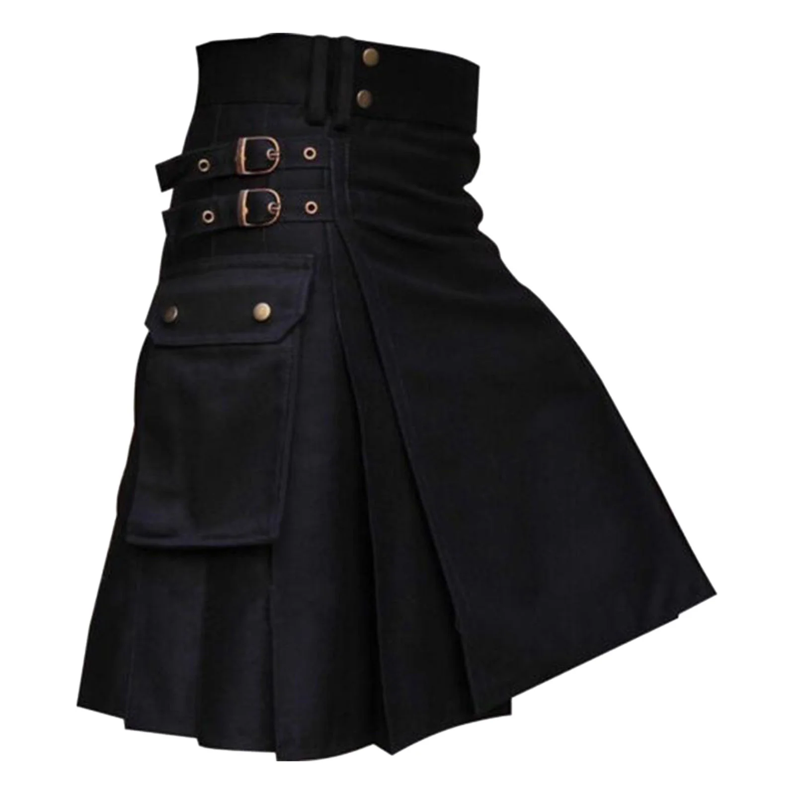 Kilt Da Tasca Cool Da Uomo In Stile Scozzese Gonne Casual Nero Tinta Unita Kilt Gotico Vintage Cargo Kilt Gonna A Pieghe Con Cintura In Metallo