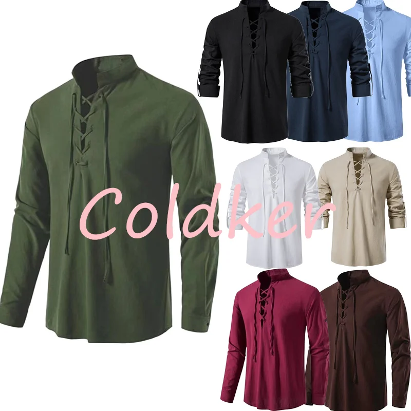 Mens Scottish Jacobite Ghillie Kilt Shirts Medievale Rinascimentale Costume Da Pirata Manica Lunga Lace Up Henley Shirt Uomo Camisas Xxl