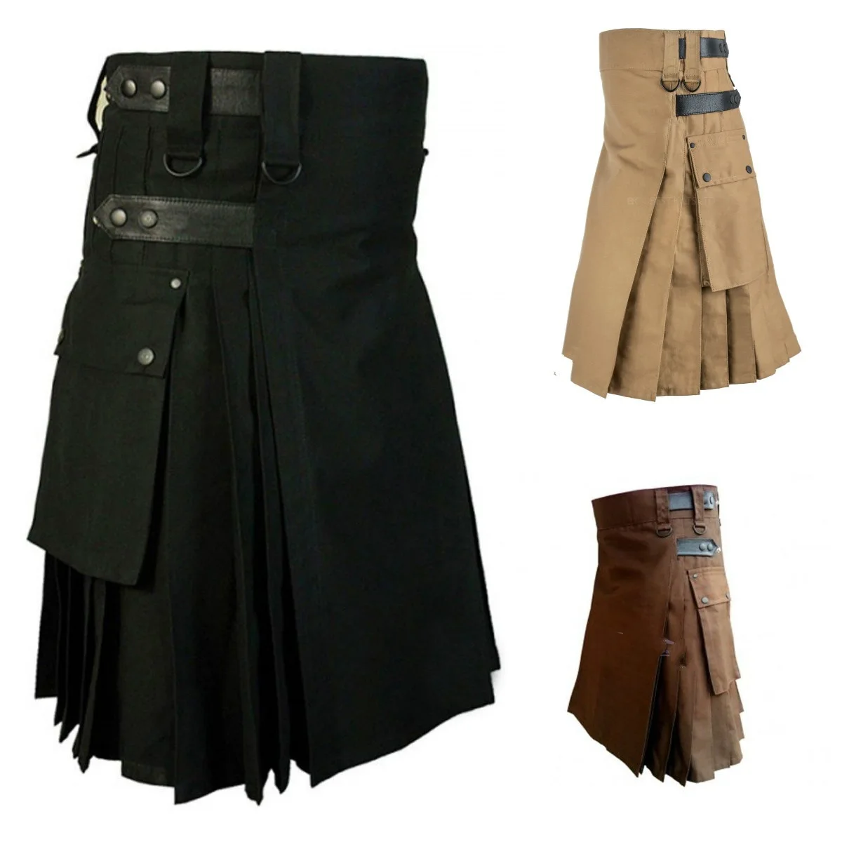 2022Holiday Utility Kilt Cargo Pocket Tartan Pleated Skirt Celtic Scottish Larp Costume Strap Cotton Bottoms Solid Color For Men