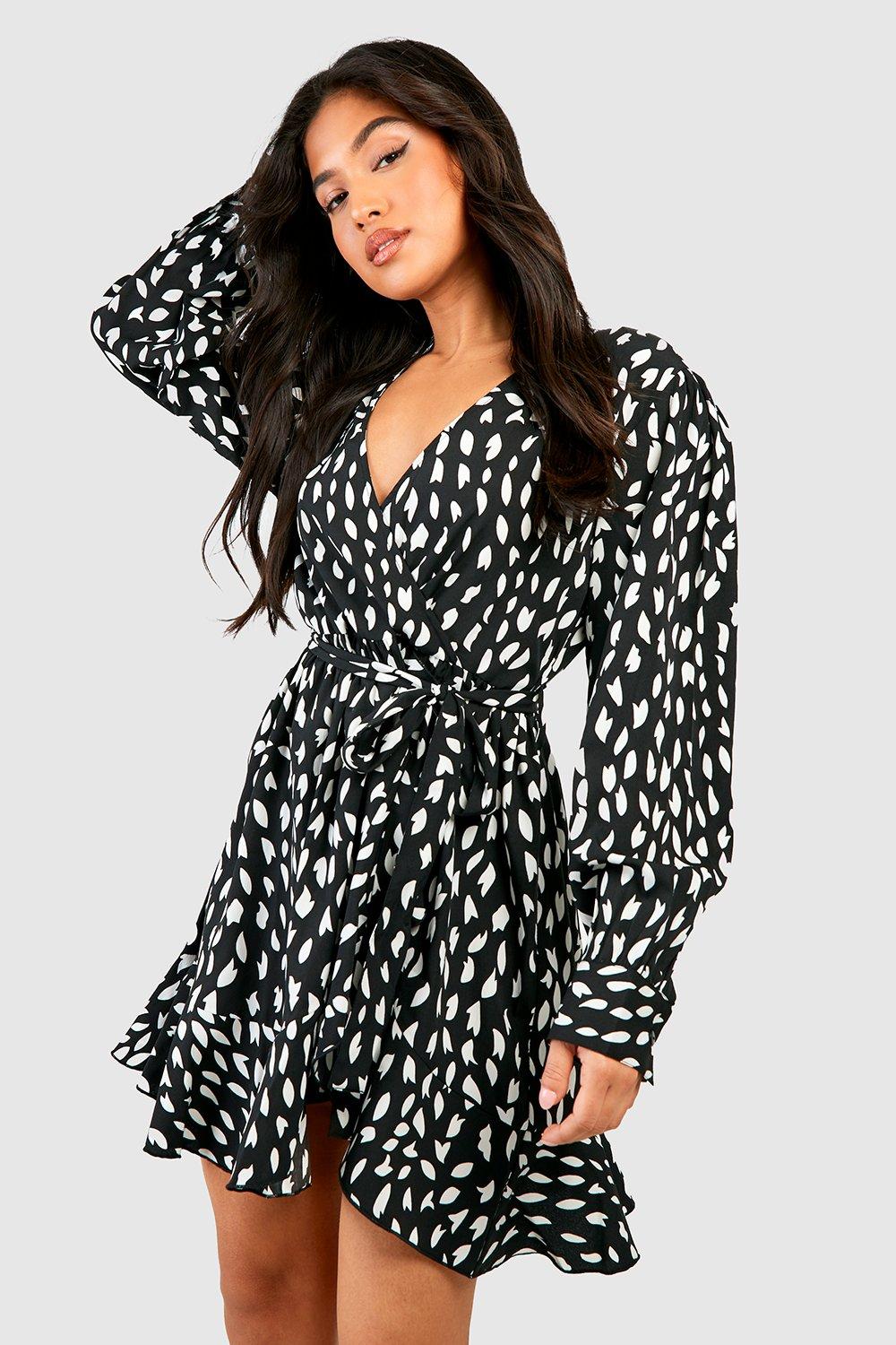 Petite Smudge Print Ruffle Woven Wrap Dress, Nero