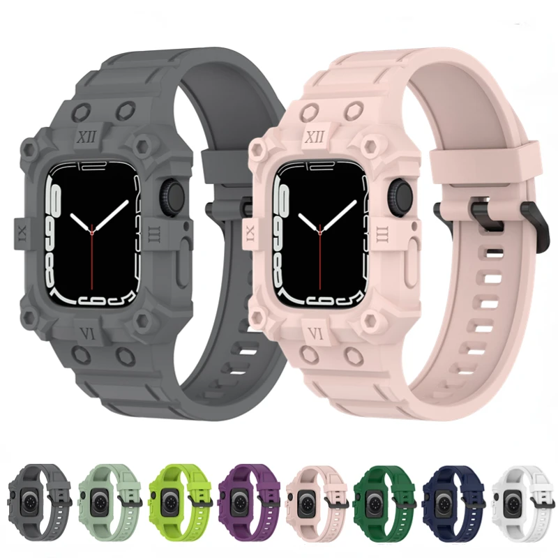 Custodia Con Cinturino In Silicone Integrato Per Apple Watch 7 45Mm 41Mm Protezione Del Bordo Crash Wristband Per Iwatch 6 5 4 Se 3 44Mm 42Mm 40Mm