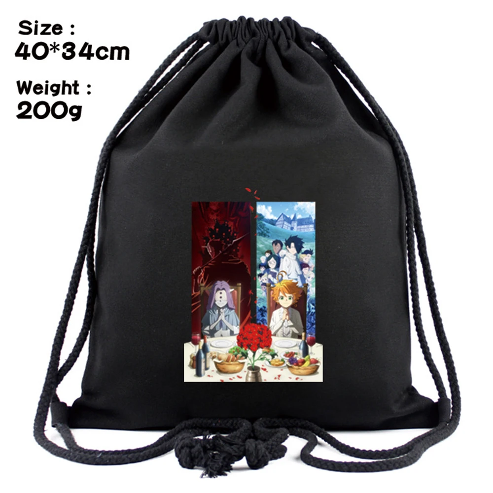 Promised Neverland Print Drawstring Bag Casual Backpack Canvas Cosmetic Stringbag Boys Girls Black Beach Bag Travel Shoes Pouch