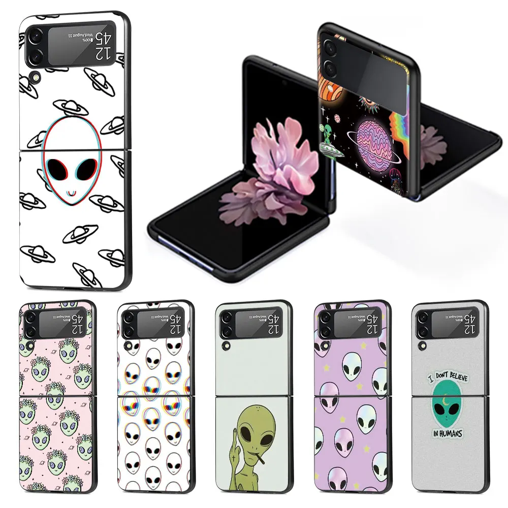 Cartoon Alien Space Funda Per Samsung Galaxy Z Flip 4 3 5G Custodia Rigida Per Pc Flip4 Flip3 Cover Pieghevole Nera Zflip3 Zflip4