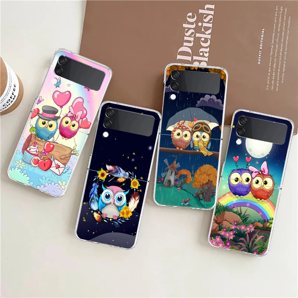 Cute Cartoon Owl Hard Pc Phone Case For Samsung Galaxy Z Flip 4 Transparent Cover For Galaxy Z Flip 3 Foldable Shockproof Case