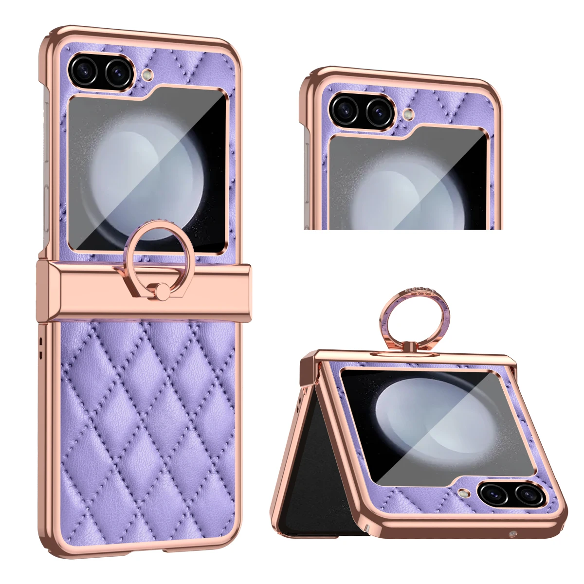 Custodia Placcata Di Lusso Per Samsung Galaxy Z Flip 5 Flip5 Zflip5 Fold Grid Pu Leather Plastic Antiurto 360 Ring Stand Cover Per Telefono