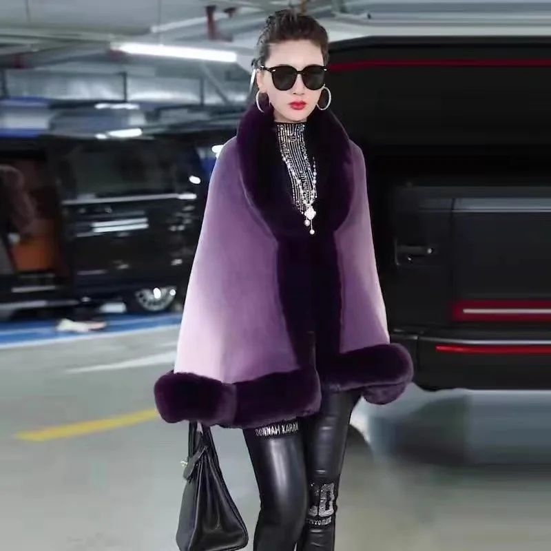 5 Inverno Spesso Grande Collo In Pelliccia Sintetica Esterno Mantello Sciolto Donne Colori Sfumati Caldi Poncho In Cashmere Capa Grande Pendolo Sciall