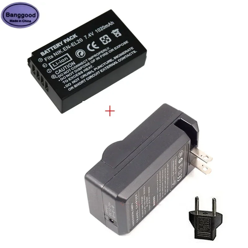 Batteria Per Fotocamera 7.4V 1020Mah En-El20 Enel20 + Caricabatterie Ca Per Nikon En-El20A Mh-27 Mh-29 Coolpix A Dl24-500 1 Aw1 J1 J2 J3 1 S1 1 V3