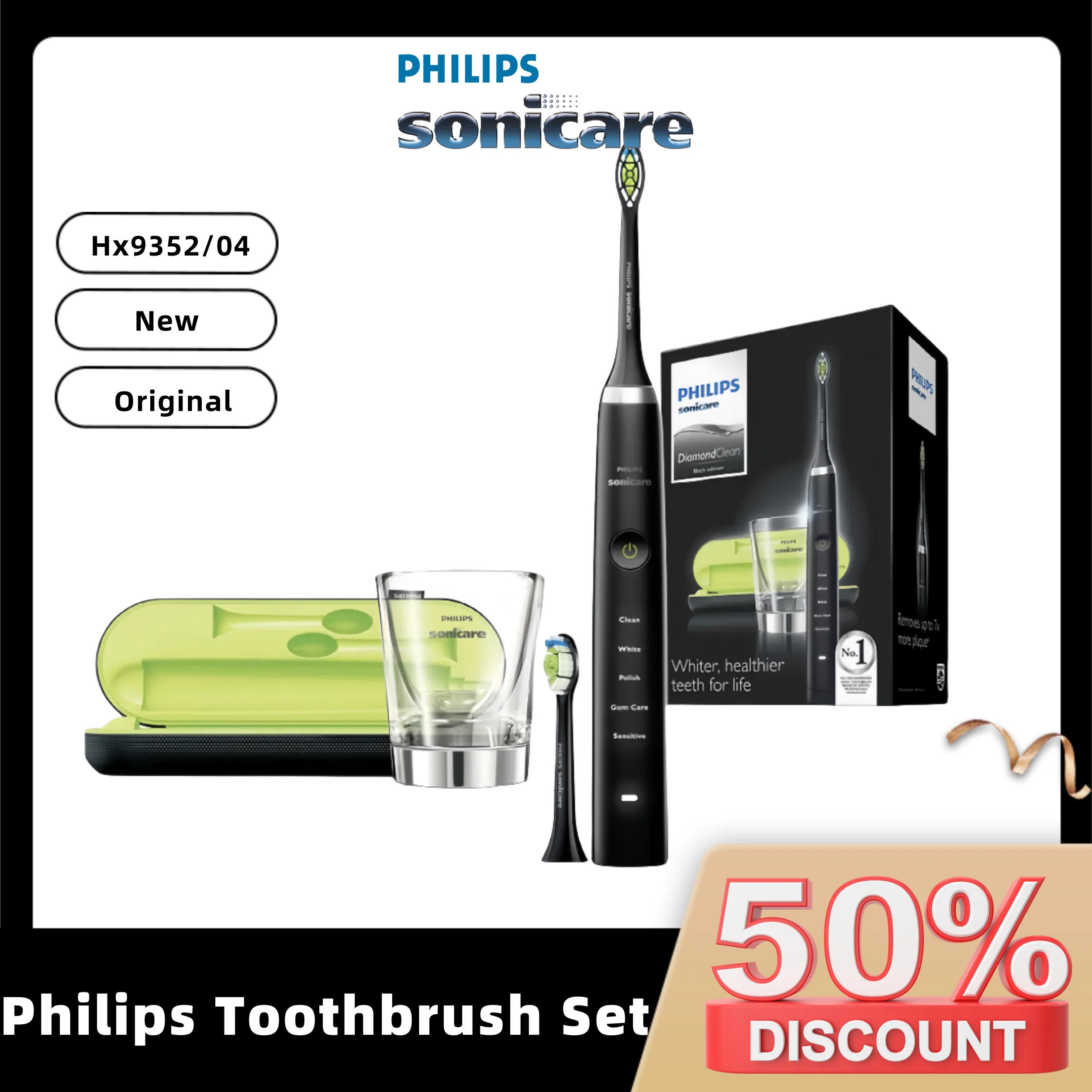 Spazzolino Da Denti Philips Sonicare Spazzolino Elettrico Diamondclean Sonic Hx9352/04 Black Edition Con Testine Di Ricambio