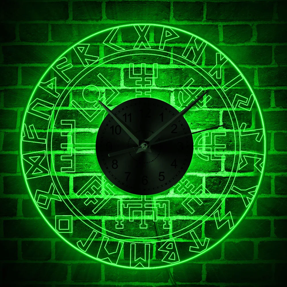 Rune Vichinghe Acrilico Led Edge Lit Orologio Da Parete Norse Rune Compass Orologio Da Parete Luminoso Con Luce A Led Man Cave Bar Segno Illuminato