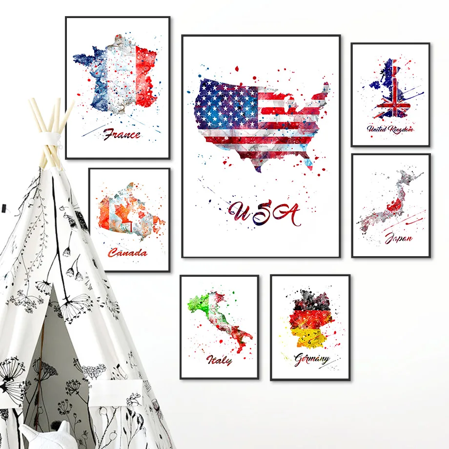 Wall Art Canvas Painting Color World Map Of Famous Cities Nordic Poster E Stampe Cartoon Wall Pictures For Living Room Decor