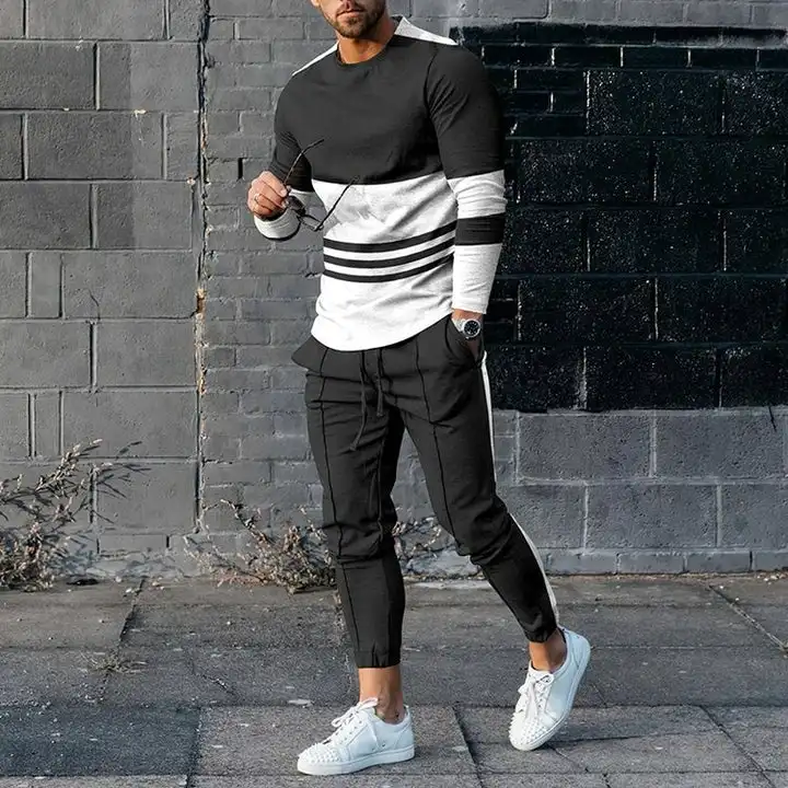 T-Shirt E Pantaloni A Maniche Lunghe Da Uomo Due Pezzi Blue Geometry Set Da Uomo Stampati In 3D Abito Casual Nike Tech Fleece