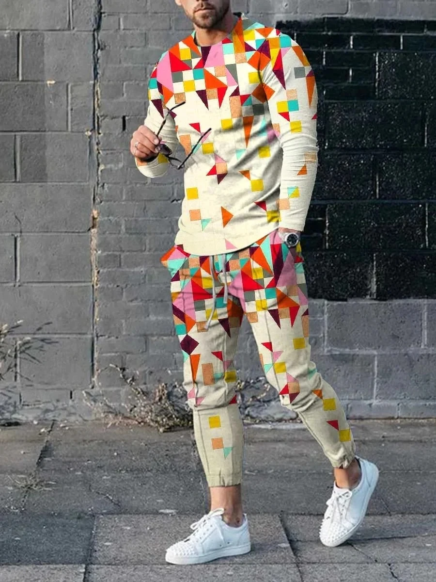 T-Shirt E Pantaloni A Maniche Lunghe Da Uomo Due Pezzi Geometry Fashion 3D Printed Men'S Set Casual Suit Nike Tech Fleece