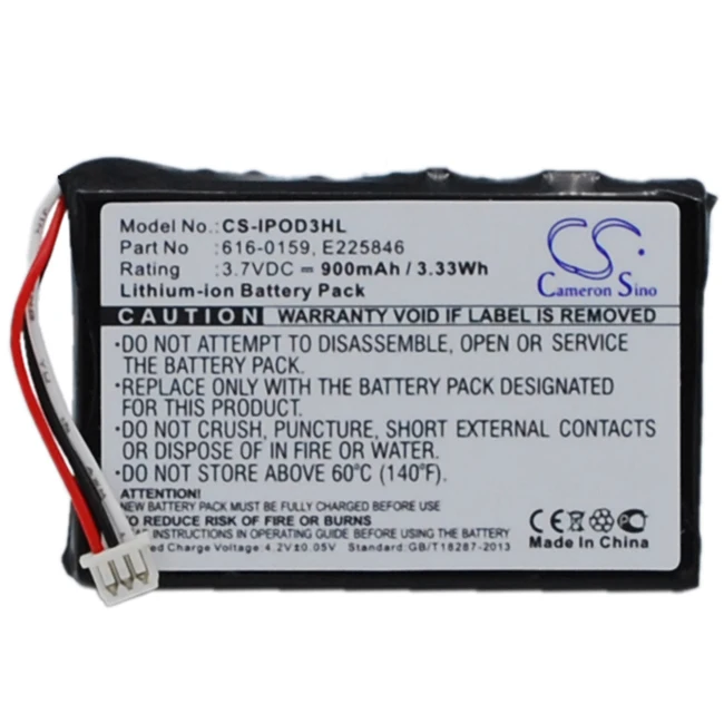 Batteria Cs 900Mah Per Apple 616-0159 E225846 Ipod 3Th Generation Ipod 20Gb M9244Ll/A Ipod 15Gb M9460Ll/A Od 30Gb M8948Ll/A