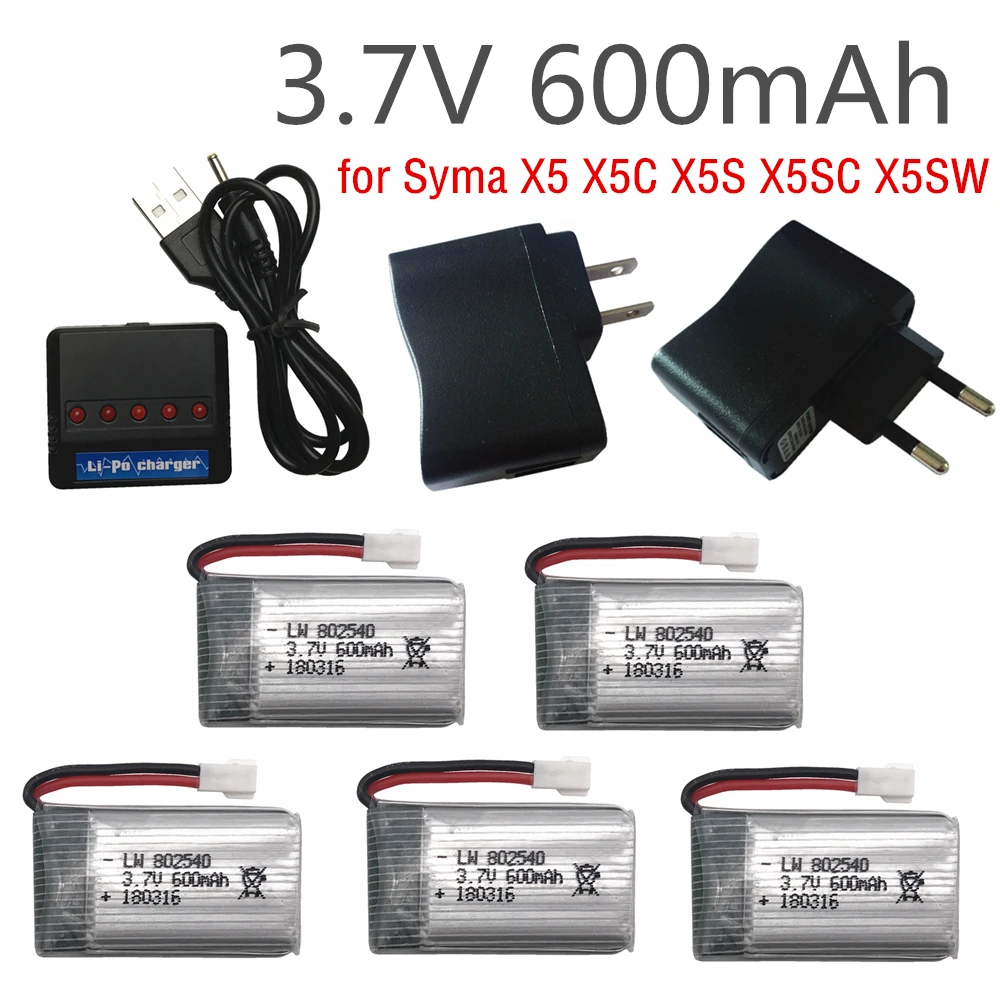 5 Pcs 3.7 V 600 Mah Lipo Battery Pack + 5 In1 Caricabatteria Per Syma X5 X5C X5S X5Sc X5Sw Rc Quadcopter Telecomando Aereo Telecomandato