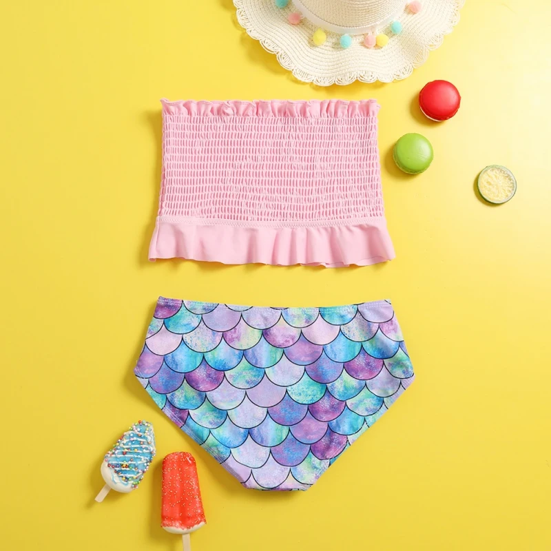5-14Y Girl Bikini Set Candy Color Halter Camicetta + Fish Scale Print Short Fast Dry Fashion Swimwear Kid Teen Costume Da Bagno Surf Wear