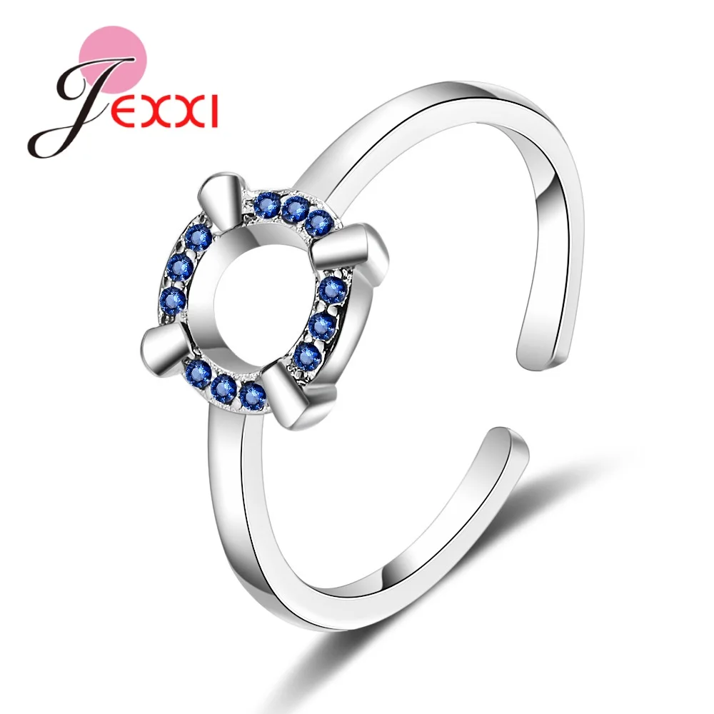 Lovely Cz Crystal Finger Ring Shining 925 Sterling Silver Blue Round Circle Charm Finger Accessory Jewelry For Date Date Date
