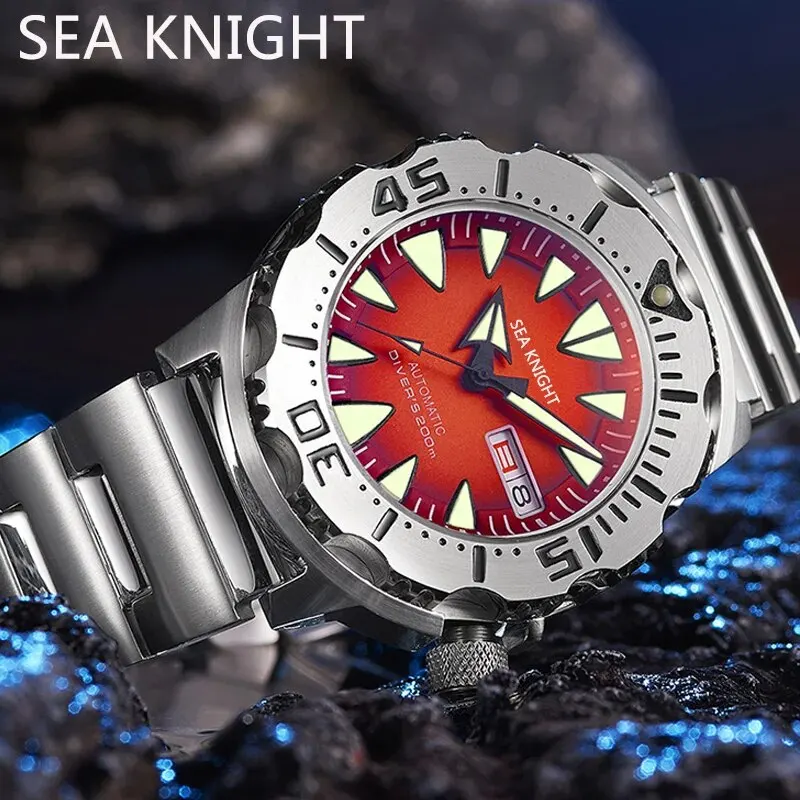 Sea Knight Monster V2 Orologio Subacqueo Da Uomo Sapphire 200M Orologio Da Polso Meccanico Automatico Nh36 In Acciaio Inossidabile Con Quadrante Rosso