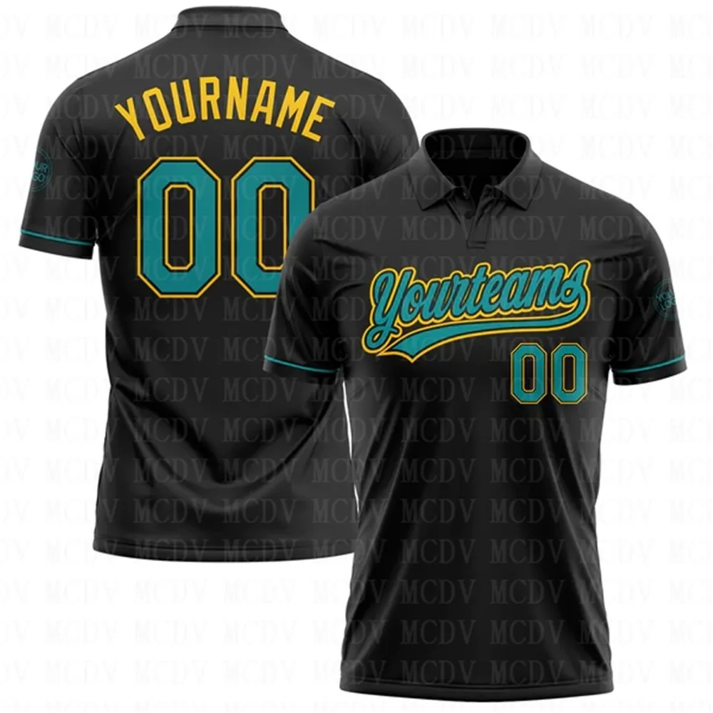 Custom Black Teal-Yellow Performance Vapor Golf Polo Polo 3D Printed Golf Polo Oversize Shirt Summer Sports Tops
