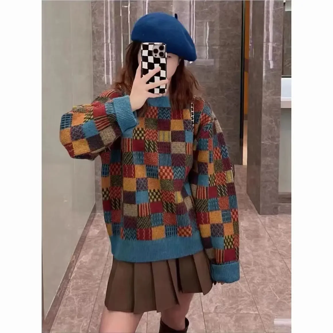 Plaid Mock-Neck Maniche Lunghe Pullover Maglioni Donna Autunno Inverno Thicking Maglioni Lavorati A Maglia Caldi Pullover Da Donna Top Y10