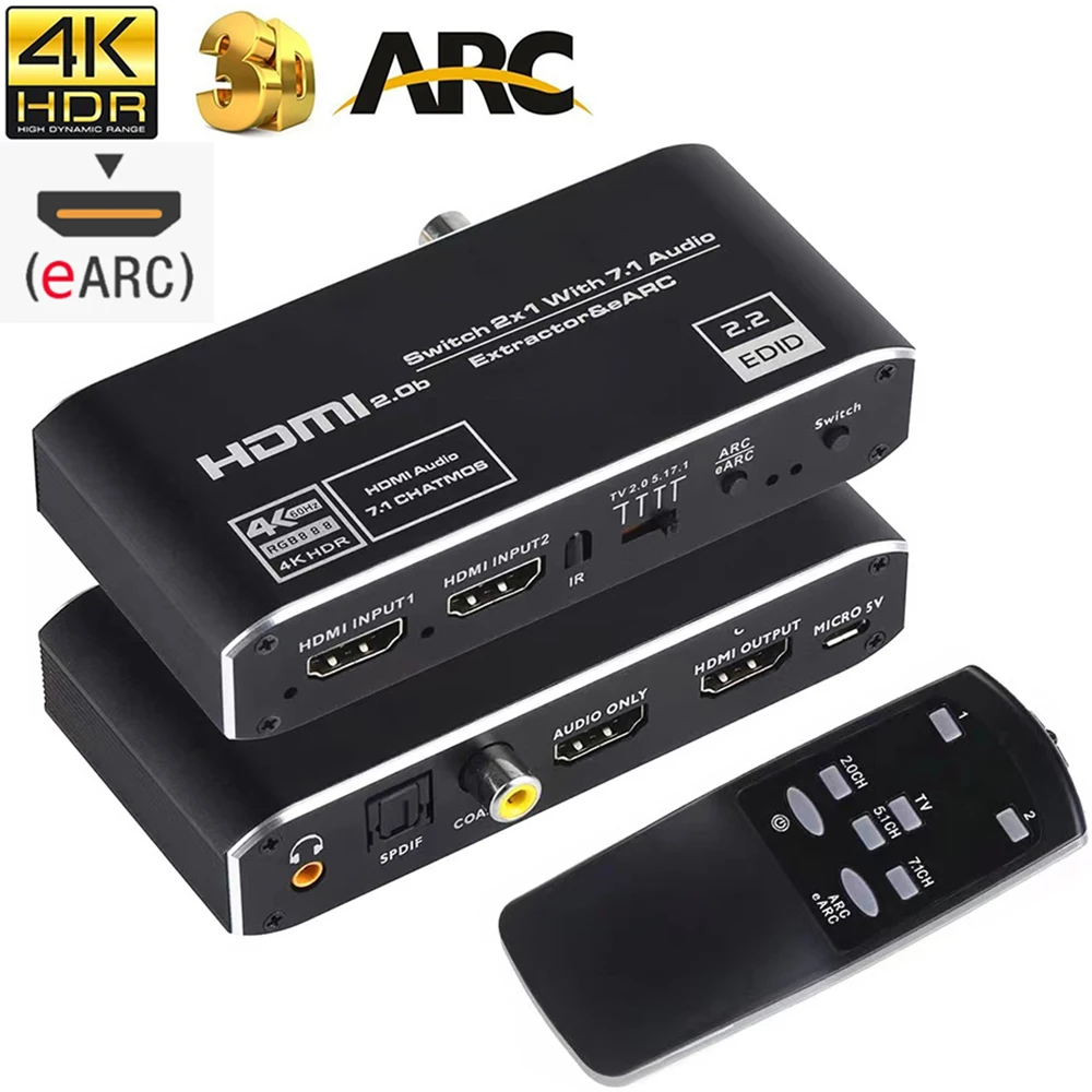 2 X1Hdmi Switch Earc Audio Extractor Con Arc Optical Toslink Hdmi 2.0 Switch 4K 60Hz Hdmi Switcher Remote Per Apple Tv Ps4