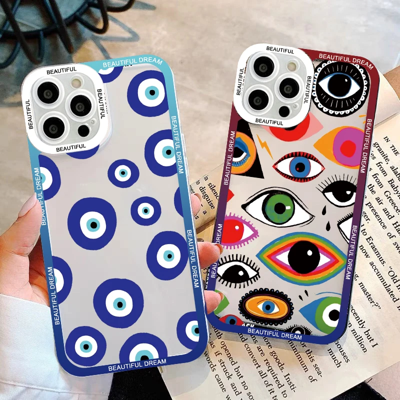 Lucky Eye Blue Evil Eye Print Clear Phone Case Per Iphone 12 Se 2020 11 13 14 Pro Max 14 Plus 7 8 Plus Xr X Xs Cover Trasparente