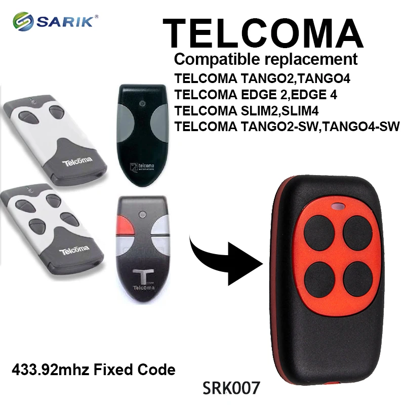 Telecomando 433Mhz Per Telcoma Tango2,Tango4,Telcoma Edge 2,Edge 4 Per Telecomando Universale Per Cancello Del Garage Codice Fisso
