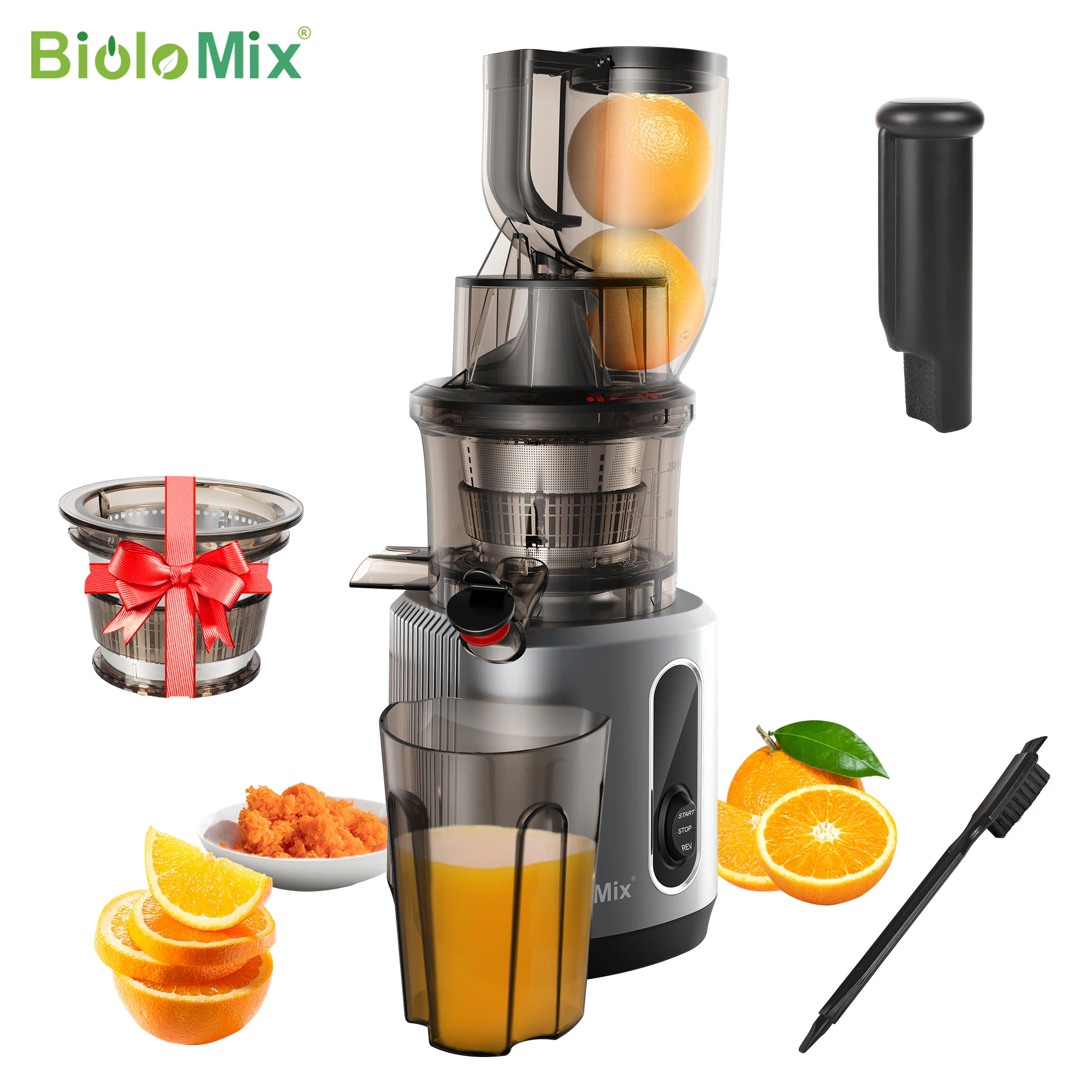 Biolomix Spremiagrumi A Freddo Con Scivolo Di Alimentazione Da 75Mm, 200W 40-65Rpm Potente Motore Slow Masticating Juice Extractor Adatto A Frutta Int
