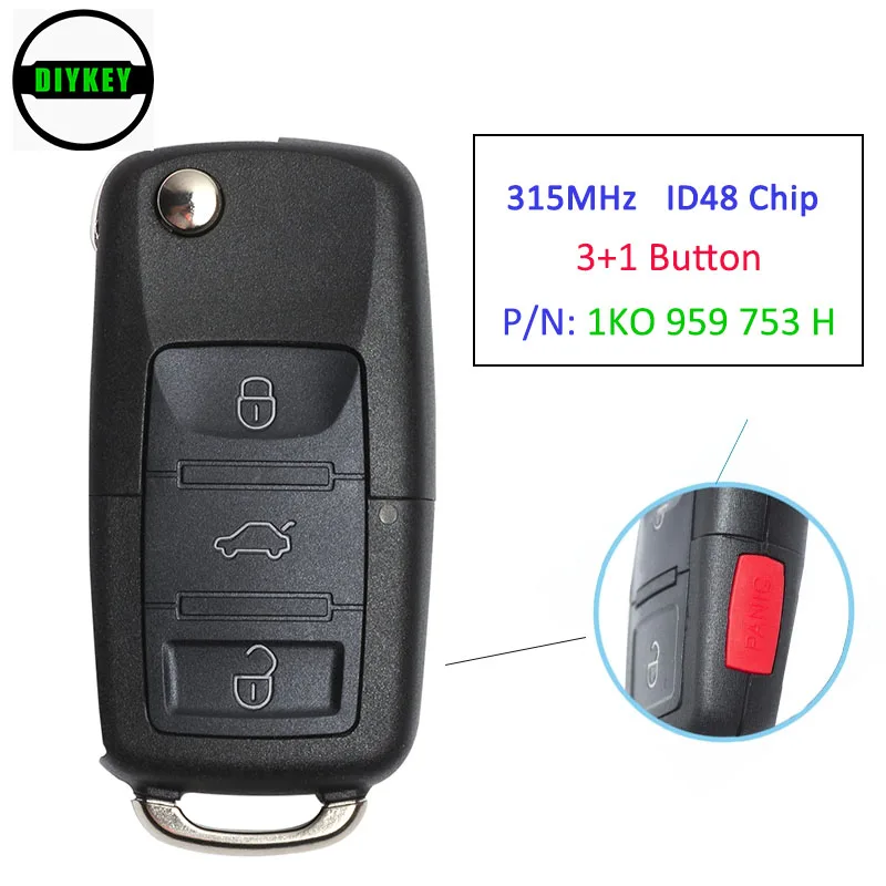 Diykey Flip Remote Key 3 1 Pulsante 315Mhz Id48 Chip Per Volkswagen Rabbit Jetta Golf Gti Eos Cc P/N: 1Ko 959 753 H