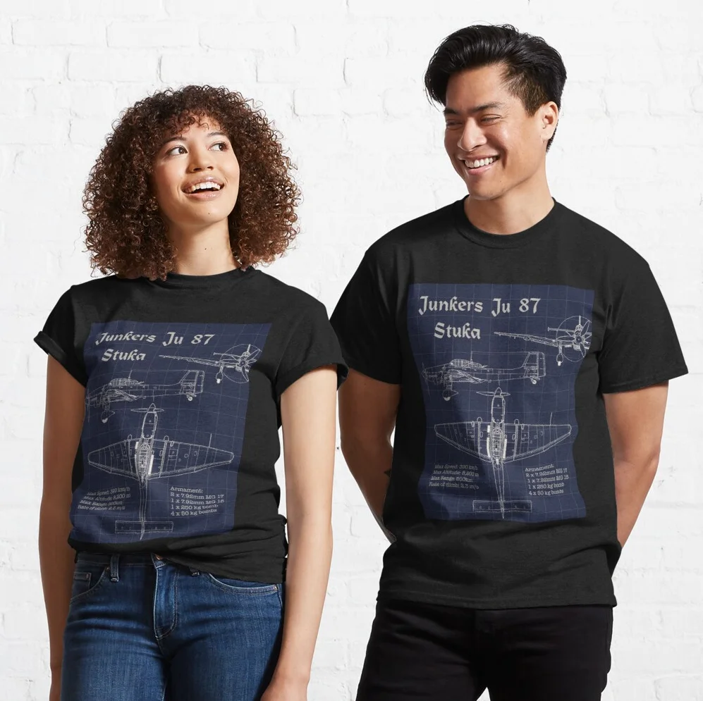 Maglietta Junkers Ju-87 Stuka Blueprint. T-Shirt Casual O-Collo Manica Corta 100% Cotone Nuova Taglia S-3Xl