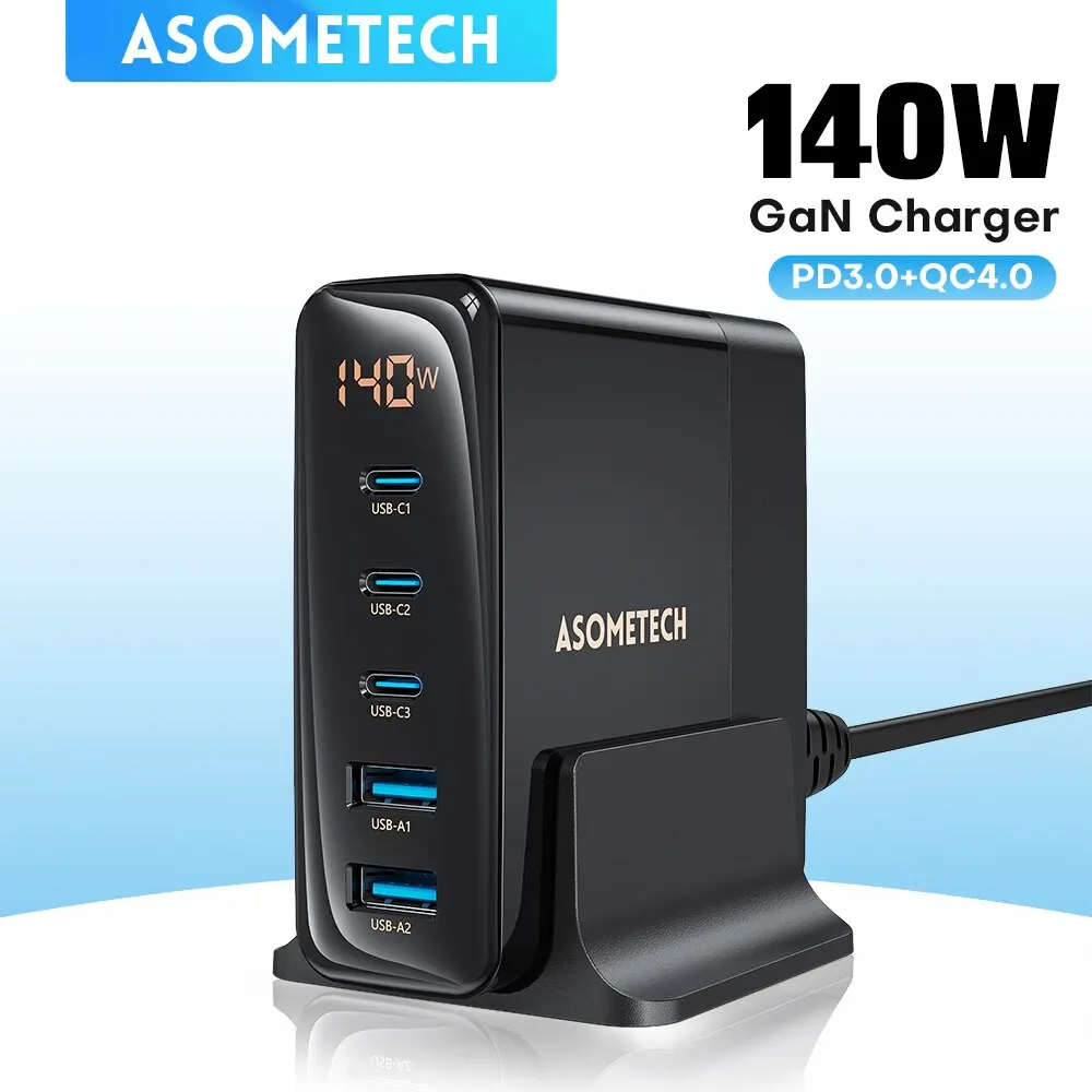 Asometech 140W Gan Charger Desktop Usb Charging Station 5 Porte Usb Pd 100W Pps Caricatore Rapido Usb Per Macbook Iphone Samsung S22