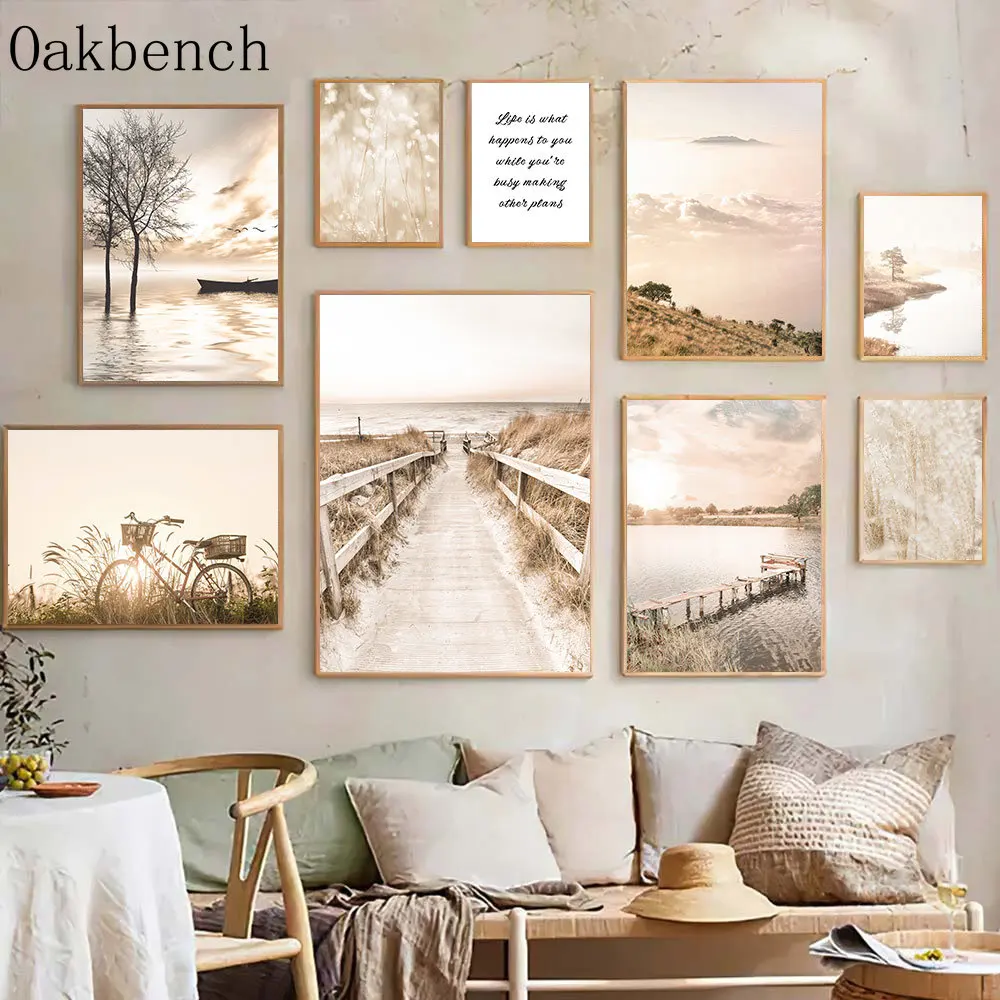 Beige Paesaggio Wall Art Bridge Bike Canvas Poster Lake Wall Paintings Reed Dry Grass Wall Pictures Nordic Poster Home Decor