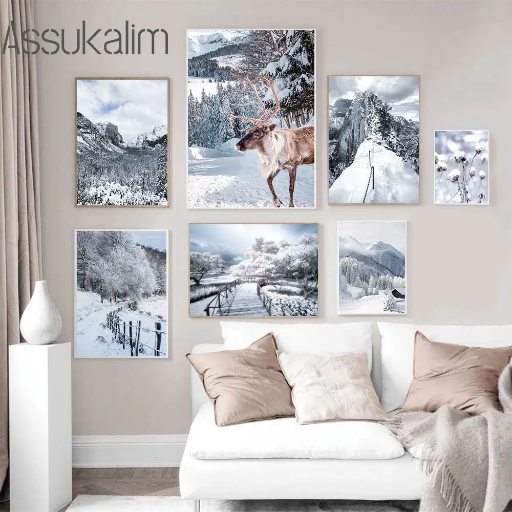Snow Landscape Wall Paintings Bridge Mountain Print Pictures Mountain Elk Forest Wall Art Nordic Wall Poster Living Room Decor