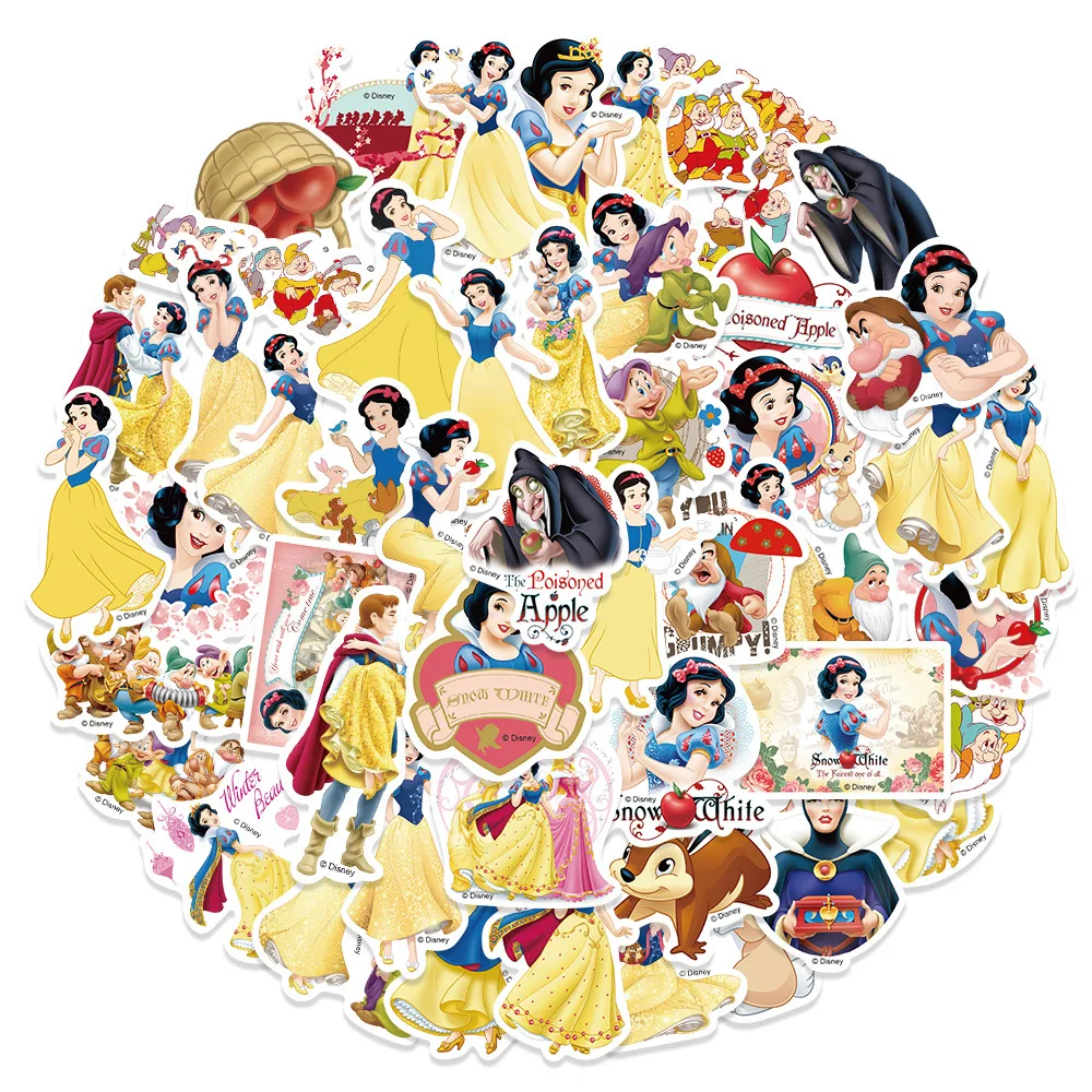 Cartoon 50Pcs Disney Snow White Stickers Movie Anime Decal Skateboard Chitarra Laptop Cute Kawaii Sticker Pack Kids Girl Toy