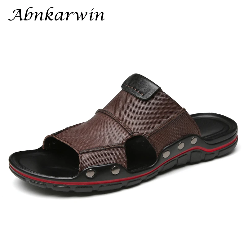 Abnkarwin Brand Summer Leather Slides Flat For Men Pantofole Casual Black Palm Slide Slipper Outdoor New 2024 Big Size 49