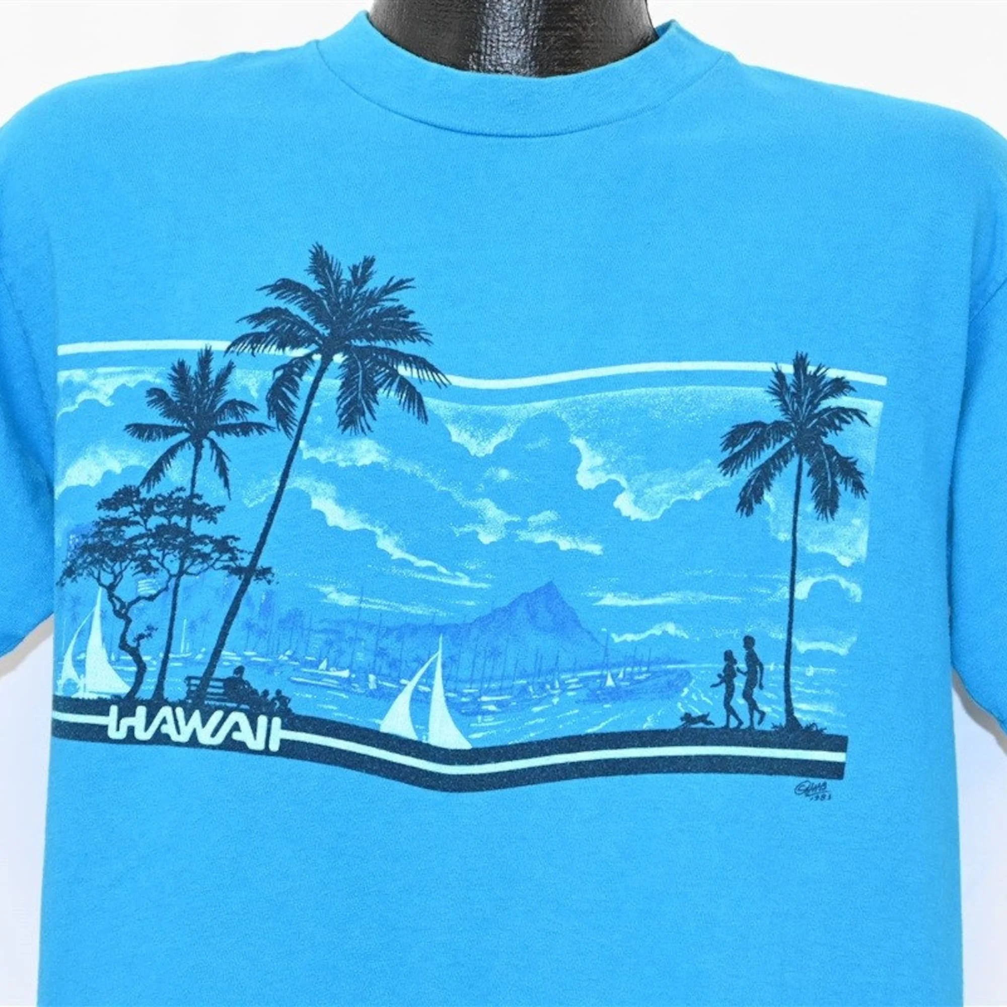Anni '80 Hawaii Palme Ocean Beach Barche A Vela Paesaggio Souvenir Maglietta Turistica Grande