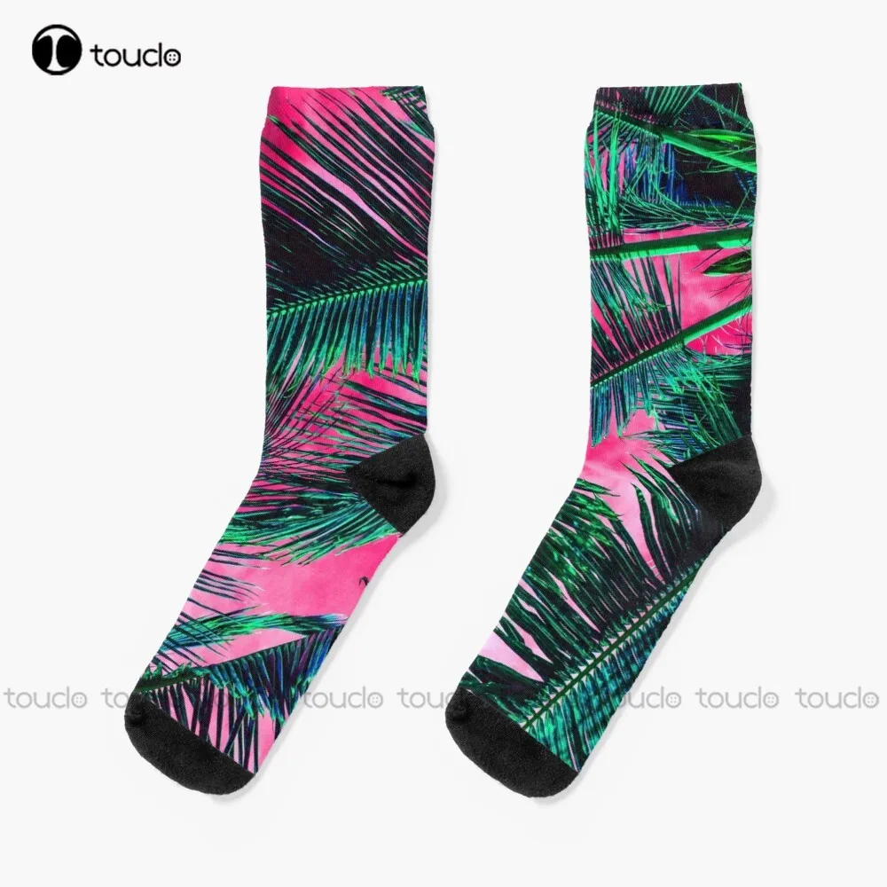 Pink Teal Tropical Summer Palm Tree Fronds Socks Mens Funny Socks Regalo Di Natale Capodanno Regalo Personalizzato Unisex Adulto Donna Uomo