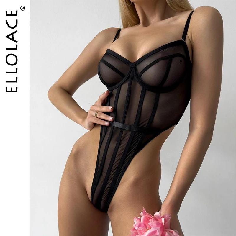 Ellolace Lace Body One Piece Tops Sheer Lace See Through Aderente Nero High Cut Fitness Body Collant