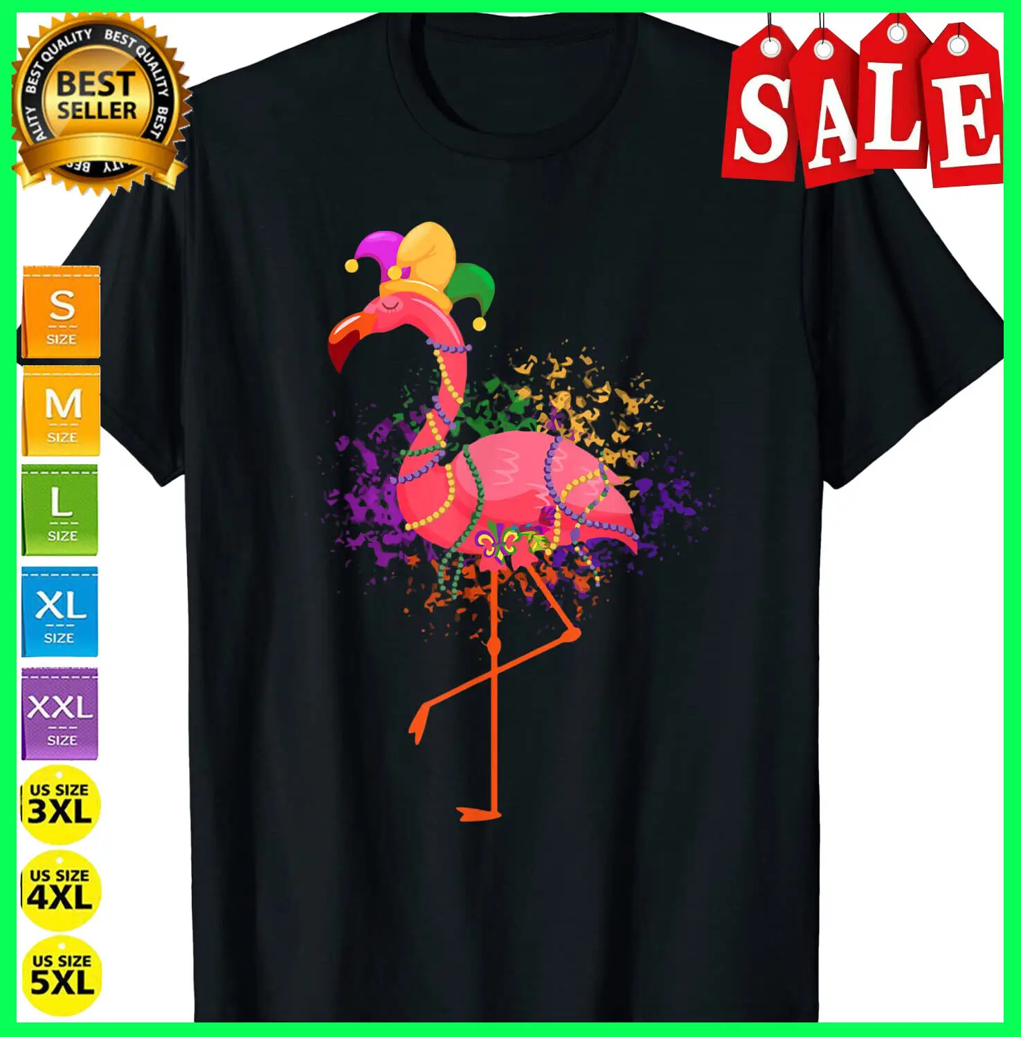Jester Pink Flamingo Bird Animal Cute Mardi Gras Carnival T-Shirt