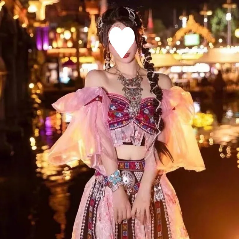 Hani Princess Costume Yunnan Muslimayjiang Hani Miao Style Bubble Sleeve Off-The-Spalla Dance Dress