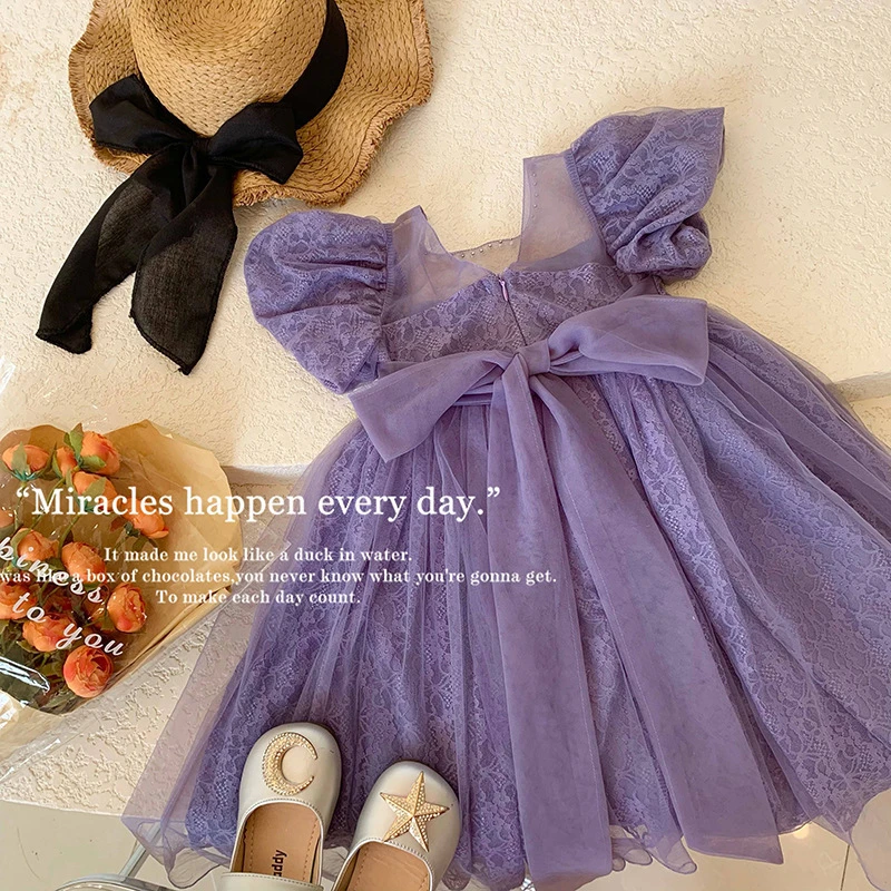 New Girls Party Dress Summer Elegant Princess Dress Purple Mesh Dress 1-9 Anni Bambini Bow Birthday Party Clothes