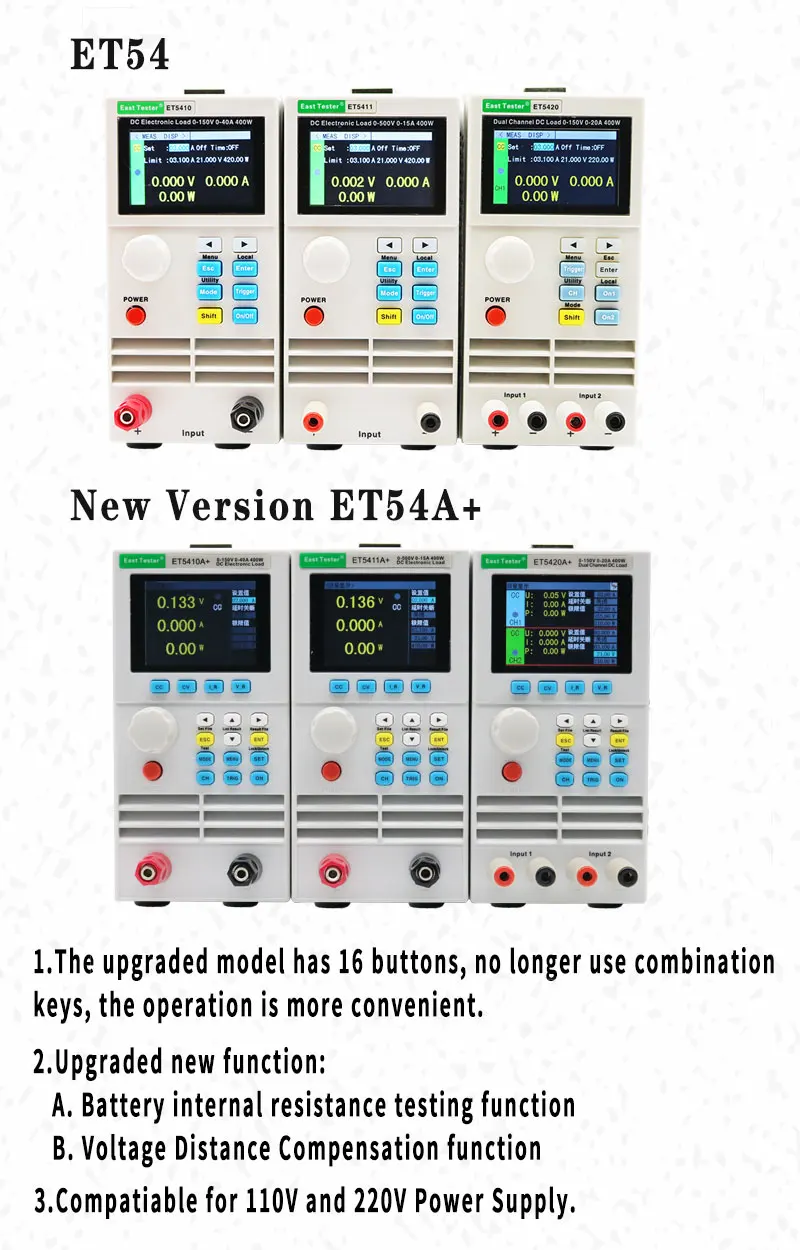 East Tester Programmabile Dc Electronic Load Et54 + Usb Connect Single/Dual Channel Meter Tester Di Capacità Della Batteria Schermo Da 2.8 Pollici